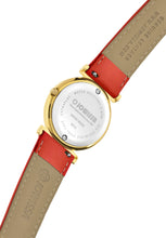 Carica l&#39;immagine nel visualizzatore di Gallery, J2.036.M Back View of Swiss Womens Watch Roma Ethno with red leather band and edelweiss and alpine mountain rose stiching, white dial and roman numerals, gold case in 30mm size.
