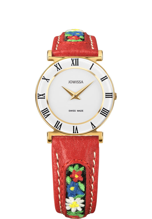 J2.036.M Swiss Womens Watch Roma Ethno with red leather band and edelweiss and alpine mountain rose stiching, white dial and roman numerals, gold case in 30mm size.