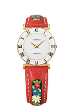 Carica l&#39;immagine nel visualizzatore di Gallery, J2.036.M Swiss Womens Watch Roma Ethno with red leather band and edelweiss and alpine mountain rose stiching, white dial and roman numerals, gold case in 30mm size.
