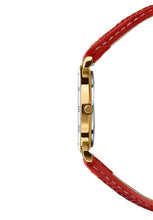 Carica l&#39;immagine nel visualizzatore di Gallery, J2.036.M Side View of Swiss Womens Watch Roma Ethno with red leather band and edelweiss and alpine mountain rose stiching, white dial and roman numerals, gold case in 30mm size.
