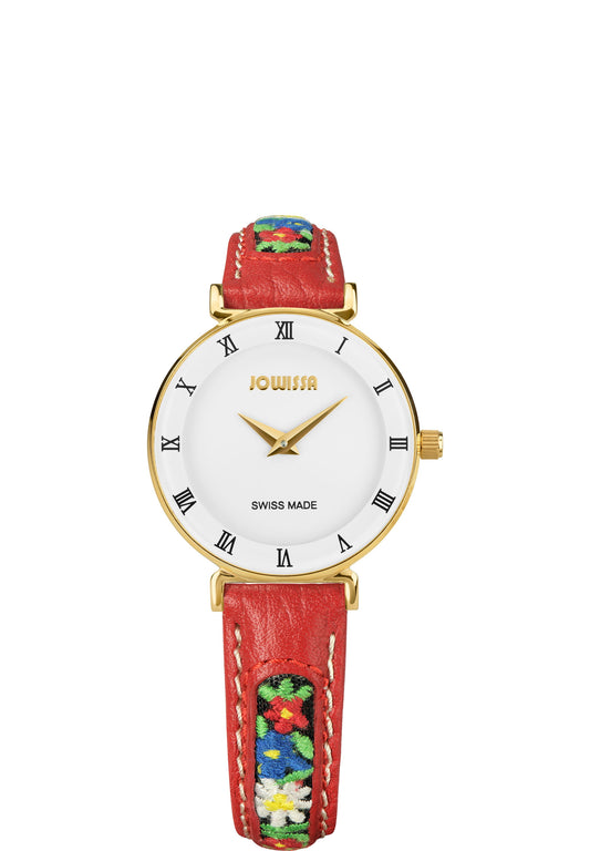 J2.036.S Swiss Womens Watch Roma Ethno with red leather band and edelweiss and alpine mountain rose stiching, white dial and roman numerals, gold case in 27mm size.