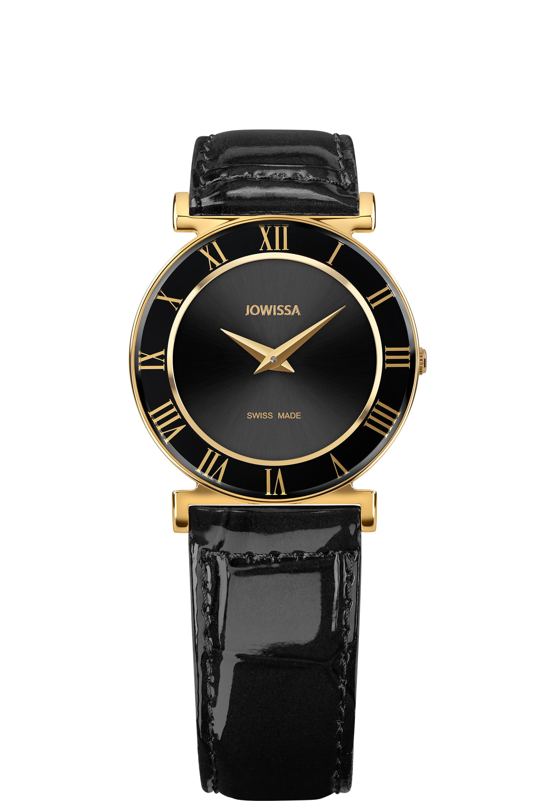 Swiss ladies watch with black leather strap and gold details in the front - all swiss made watch for women