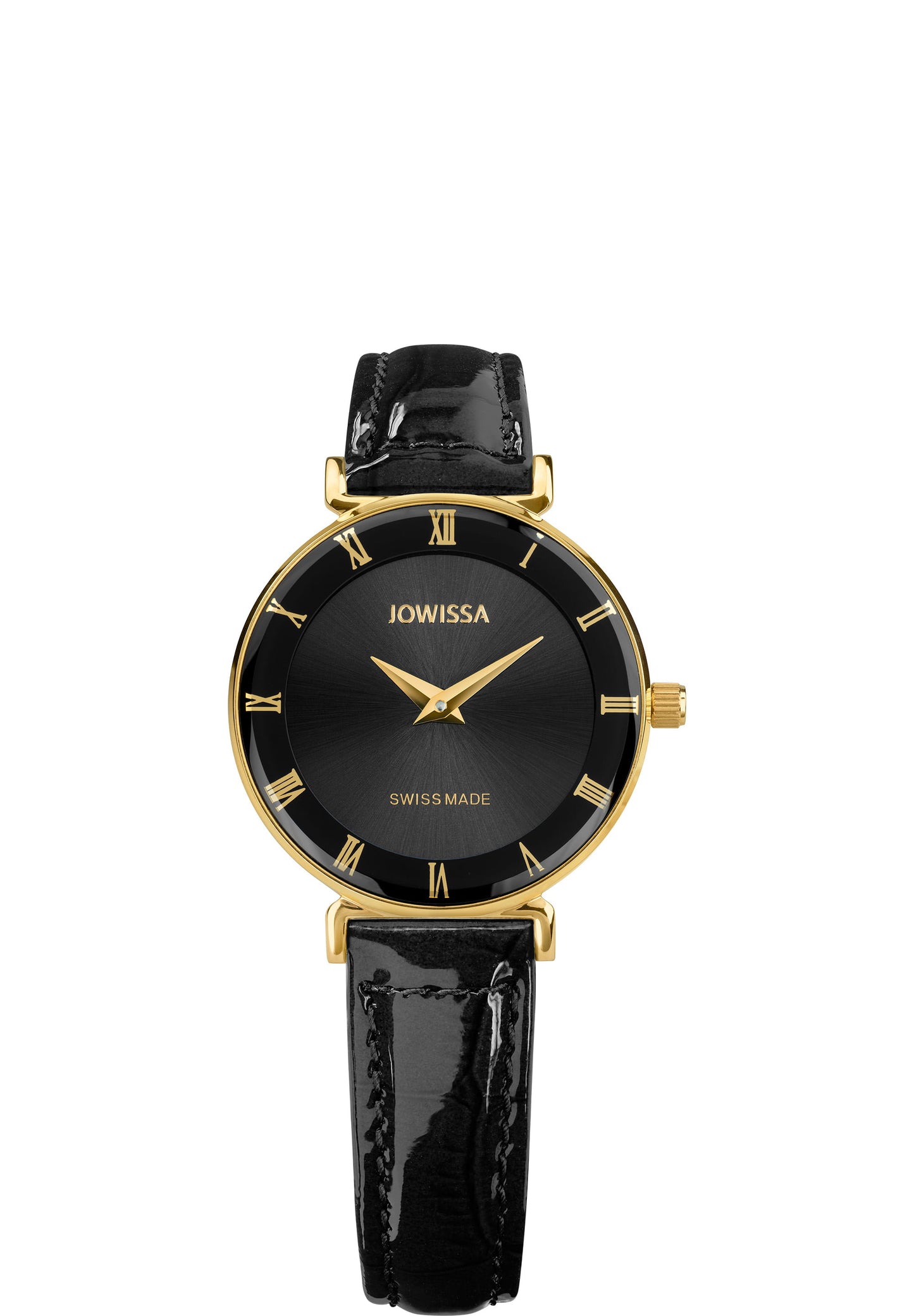 J2.039.S black swiss watch for women - all swiss made watch for ladies with black leather strap and gold details in the front for ladies