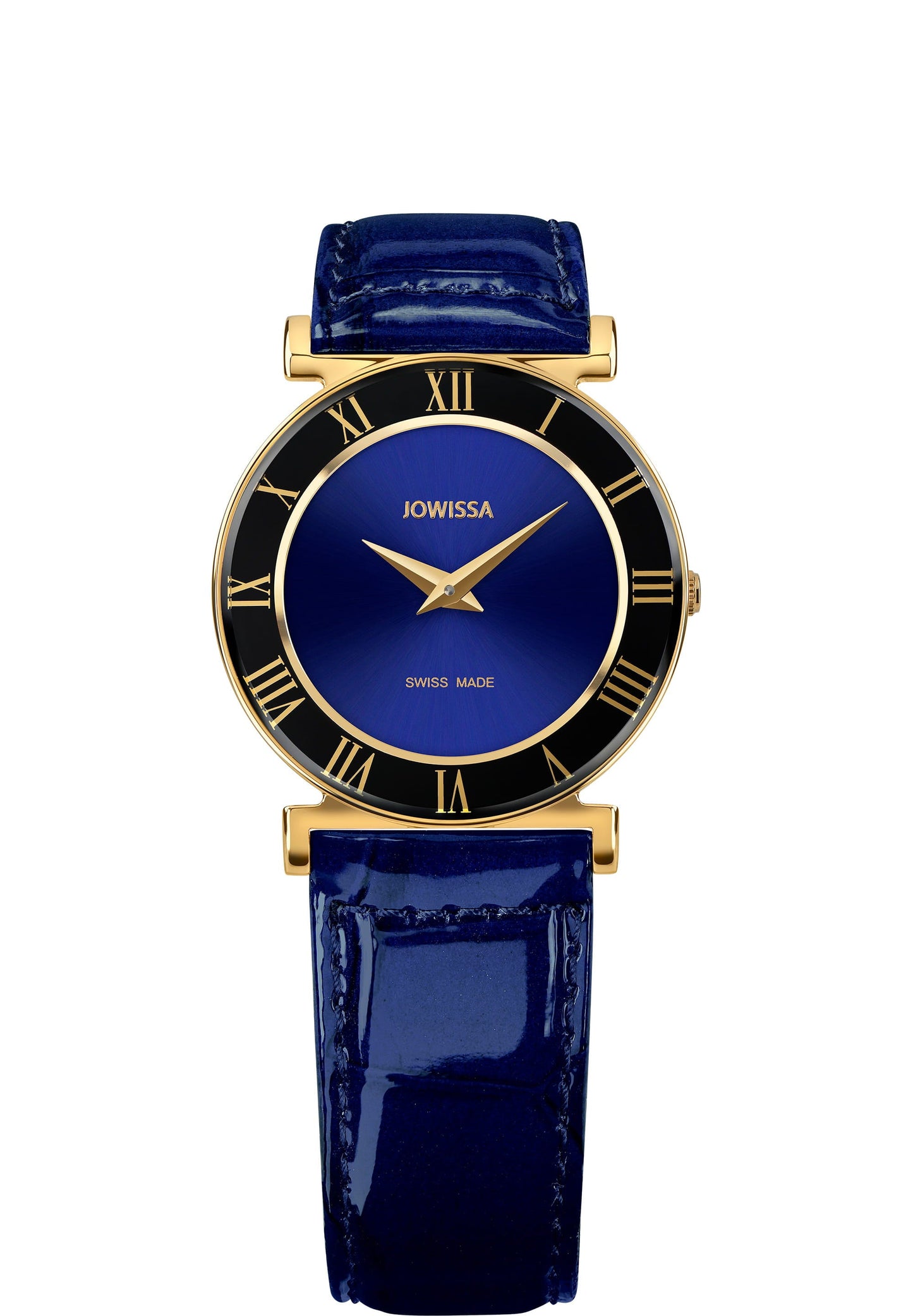 Blue swiss watch for ladies - blue watch with blue leather strap and black details on the dial - all swiss made