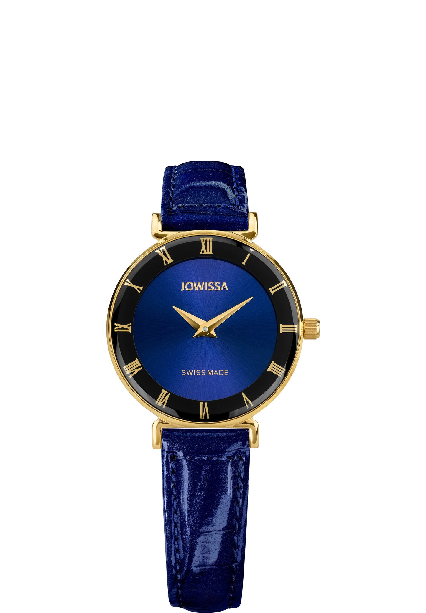 J2.041.S blue swiss watch for ladies - all swiss made for women with blue leather strap and blue dial and gold details in the front