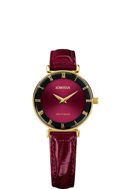 J2.043.S swiss watch for ladies - with red leather strap and red dial with black and gold details