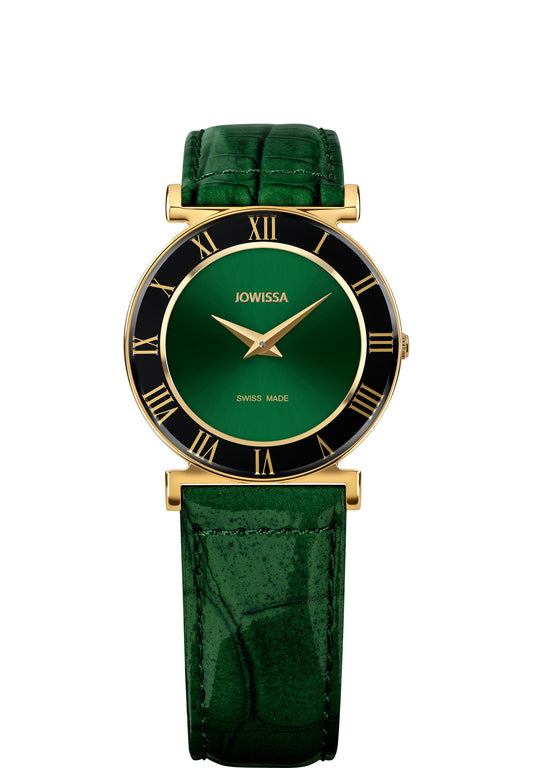 Swiss ladies watch with green leather strap and green dial with black and gold details int he front - all swiss made for women