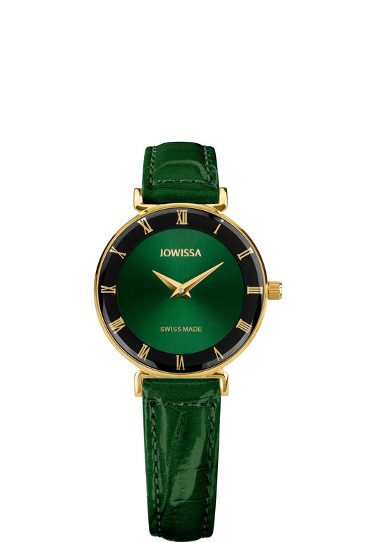 J2.045.S swiss womens watch - green swiss watch with green leather strap and dial with gold and black details - all swiss made for women