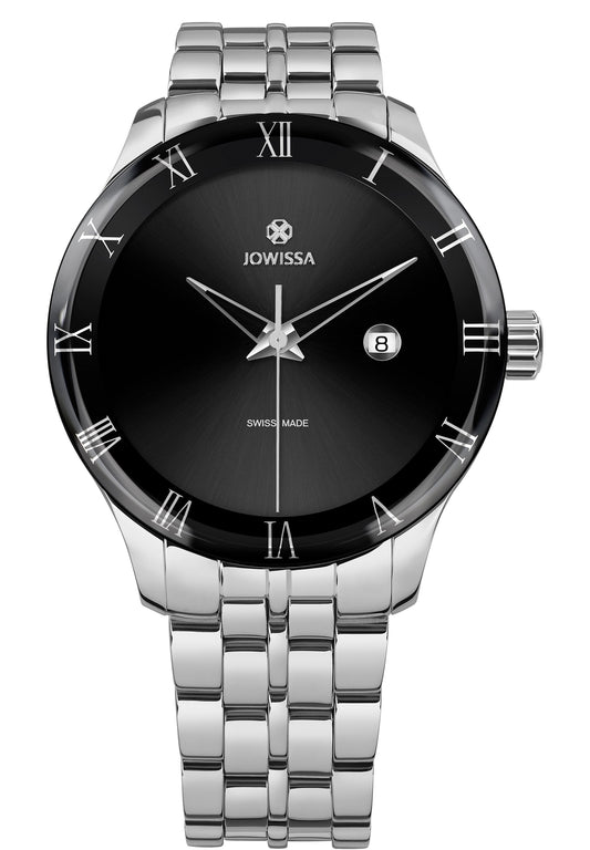 J2.166.L watch made for men. Has a 45mm stainless steel case with a gloss polished surface and shiny, sunray dial. Water resistant watch with silver and black details. Made in Switzerland