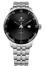 Cargar imagen en el visor de la galería, J2.166.L watch made for men. Has a 45mm stainless steel case with a gloss polished surface and shiny, sunray dial. Water resistant watch with silver and black details. Made in Switzerland
