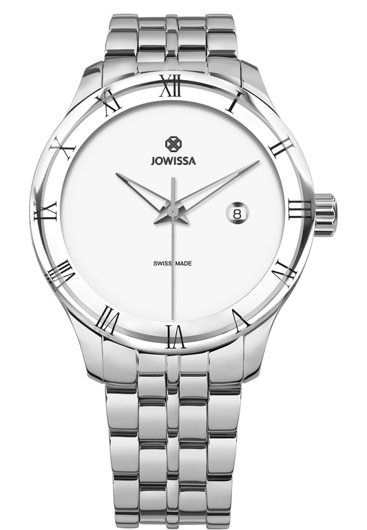 White Swiss watch made for men .L has a stainless steel case with a gloss polished finish and enamel-look dial. Has a date window and Dauphine-style hands. The watch is water-resistant up to 5 ATM and protected by tempered mineral glass.