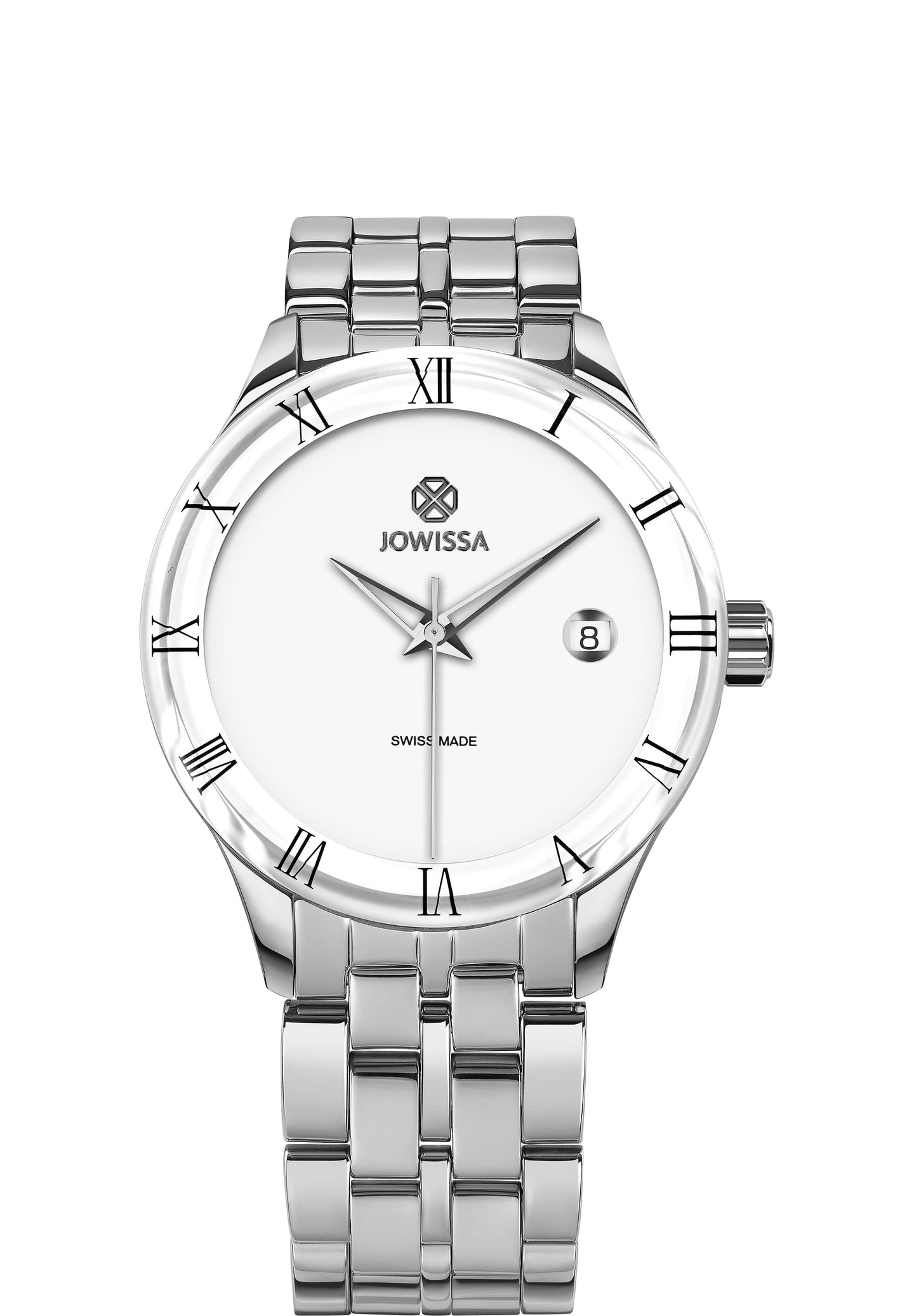 Swiss watch has a sleek 38 mm stainless steel case paired with a matching stainless steel bracelet. Powered by a Ronda 515 Swiss quartz movement, it provides accurate timekeeping, displaying hours, minutes, seconds, and a date window with a rectangular shape and rounded corners. The watch is made in Switzerland