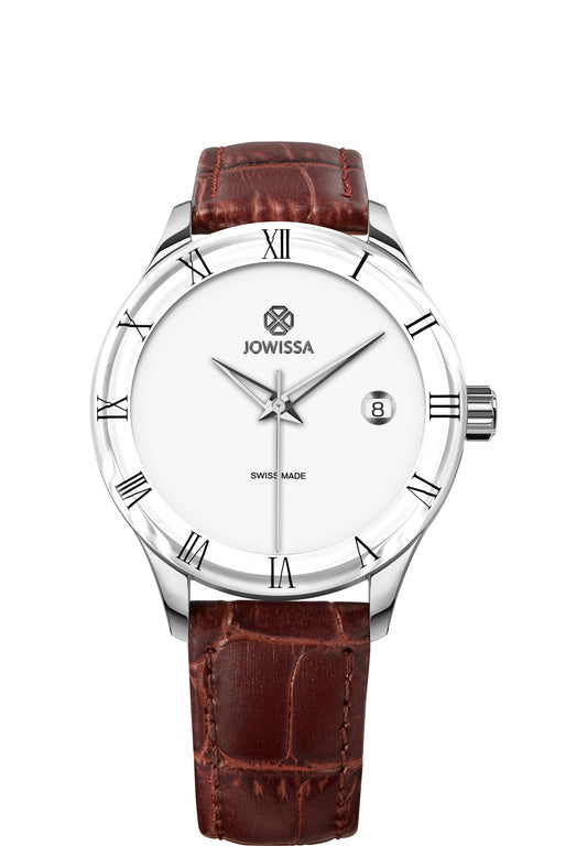 Elegant Swiss-made watch features a 38 mm stainless steel case with a semi-matt alligator-embossed leather strap. It runs on a Ronda 515 Swiss quartz movement, providing hours, minutes, seconds, and a convenient date window.