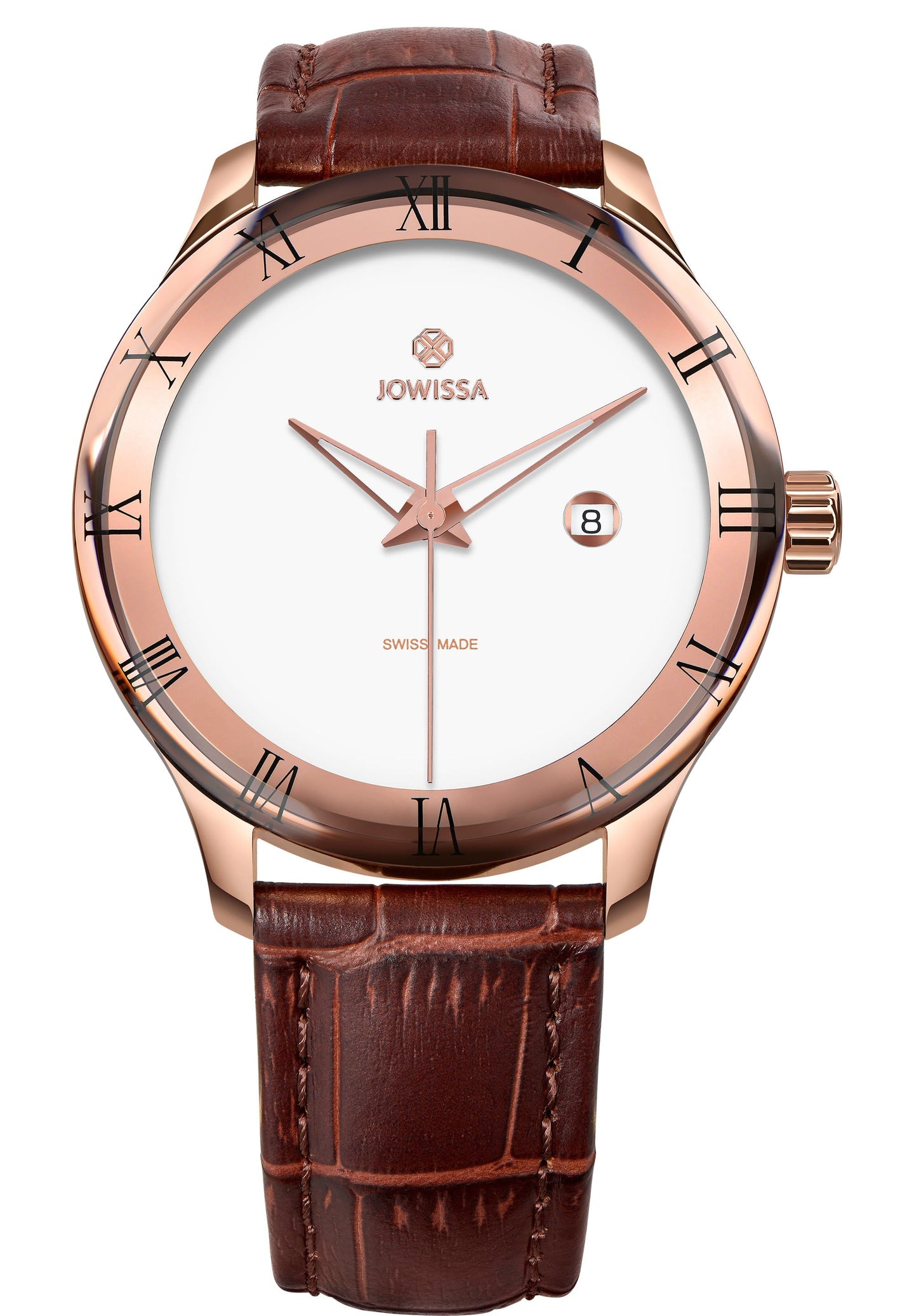 The Romo Swiss Mens Watch has a sophisticated stainless steel case with a semi-matt alligator-embossed genuine leather strap in brown. The dial has an elegant enameled look with filigree Roman numerals. All swiss made.