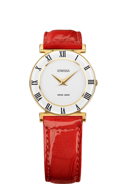 Red swiss watch for women - with red leather strap and white dial with gold details - all swiss made