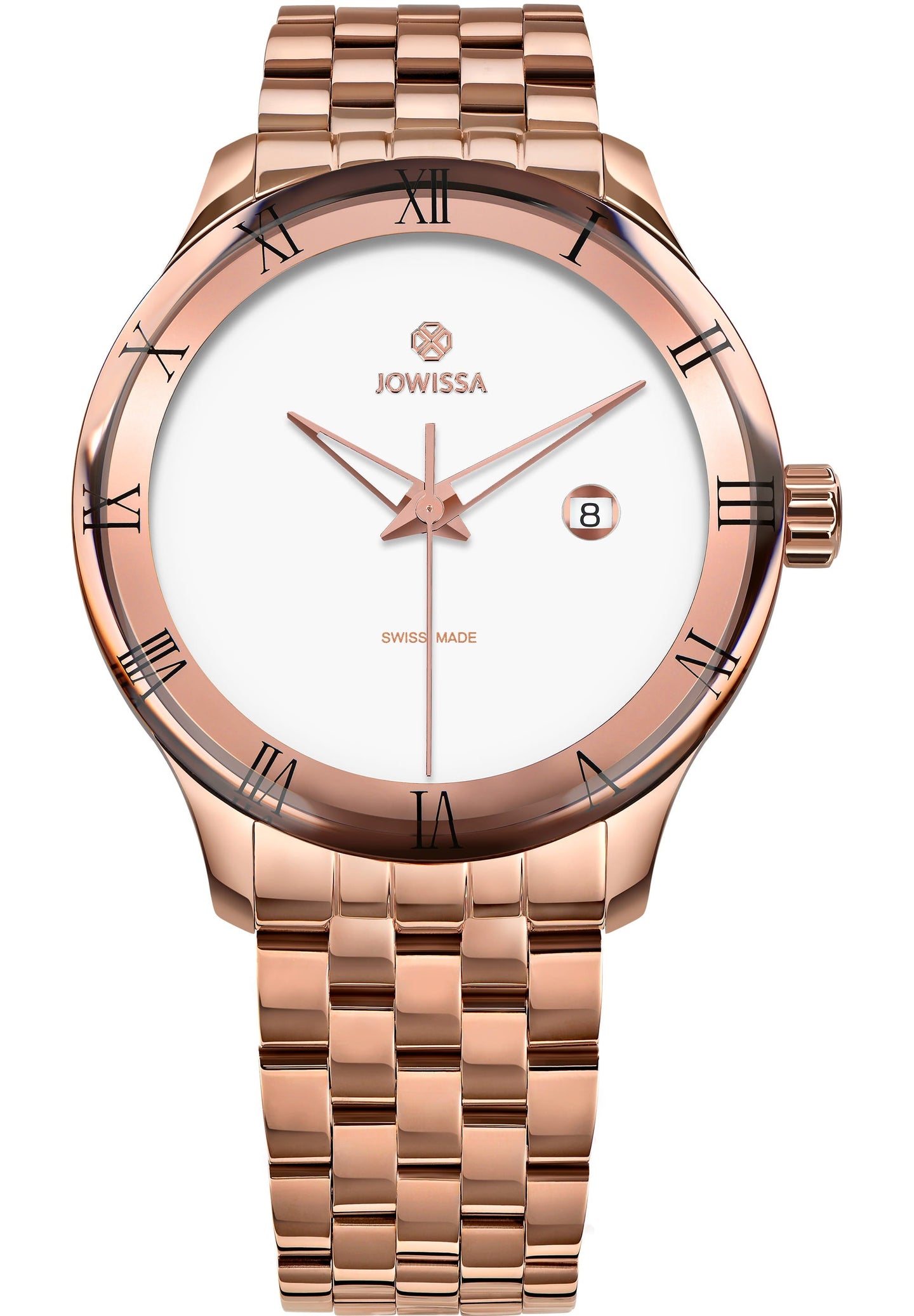 Sophisticated mens gold watch has a rose stainless steel case with an enamelled-look white dial. The dial is complemented by Roman numeral indices and a rectangular calendar window. Its triangular, hollow Dauphine-style hands enhance the classic aesthetic. 