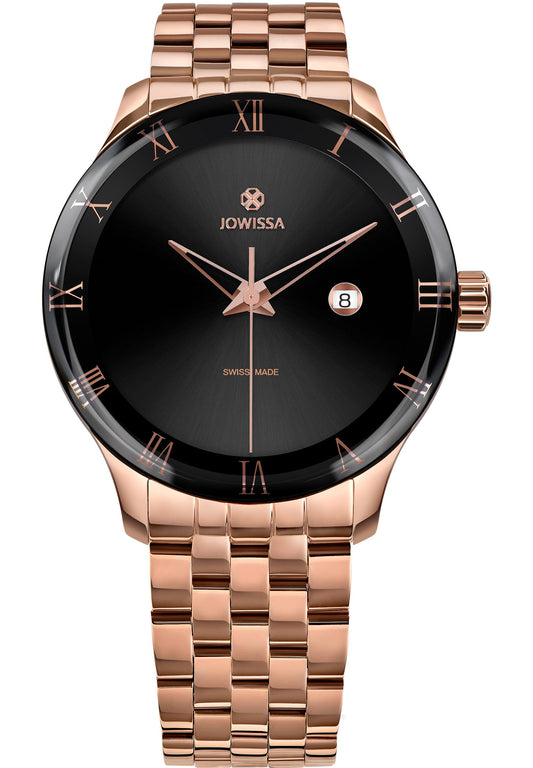 Gold watch with black details made for men - has a rose stainless steel case, it boasts a black sunray dial with Roman numeral indices, a rectangular calendar window, and triangular, hollow Dauphine-style hands. it offers 5 ATM water resistance and tempered mineral glass for durability.