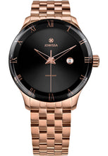 Load image into Gallery viewer, Gold watch with black details made for men - has a rose stainless steel case, it boasts a black sunray dial with Roman numeral indices, a rectangular calendar window, and triangular, hollow Dauphine-style hands. it offers 5 ATM water resistance and tempered mineral glass for durability.
