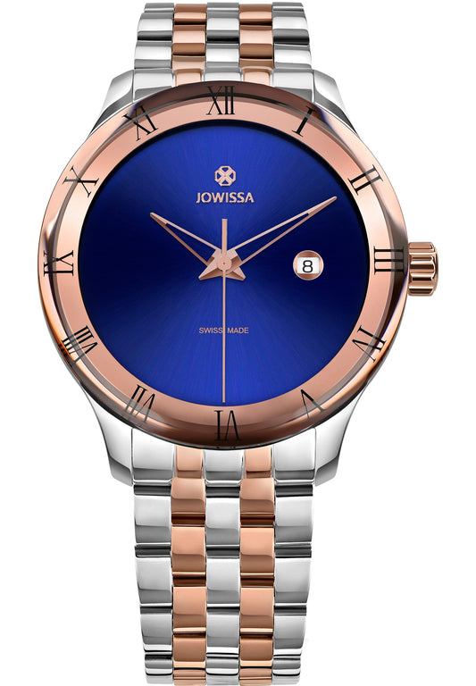 This sleek mens stainless steel watch features a polished case and a blue sunray dial with Roman numeral indices. It has a rectangular calendar window with rounded corners and triangular, hollow Dauphine-style hands. Powered by a Swiss Ronda 515 quartz movement, the watch includes a tempered mineral glass and is water-resistant up to 5 ATM. All swiss made