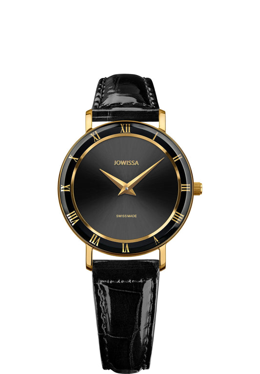 Black swiss watch for ladies - watch for women with black leather strap and black dial - all swiss made