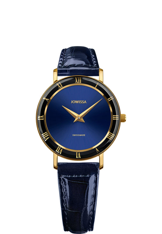 Blue swiss watch for women - watch with blue leather strap and black details in the front - all swiss made