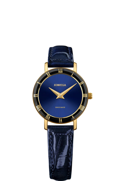 Blue watch for ladies - swiss watch with blue leather strap and black details in the front - all swiss made