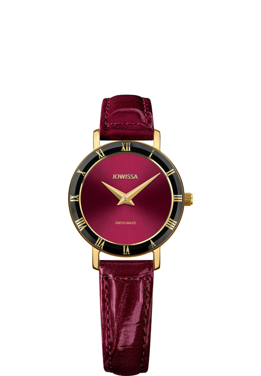 Red watch for ladies - all swiss made - with red leather strap and black details on the front