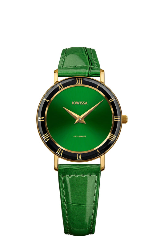 Green watch for ladies - all swiss made - with green leather strap and black details on the front