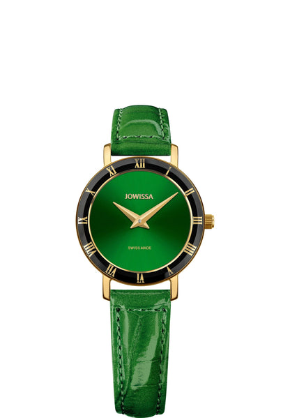 Green watch for ladies - all swiss made - with green leather strap and black details on the front