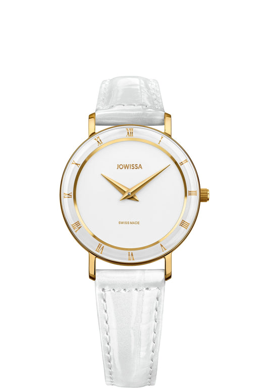 Roma swiss watch for ladies - made in switzerland watch with white leather strap and gold details