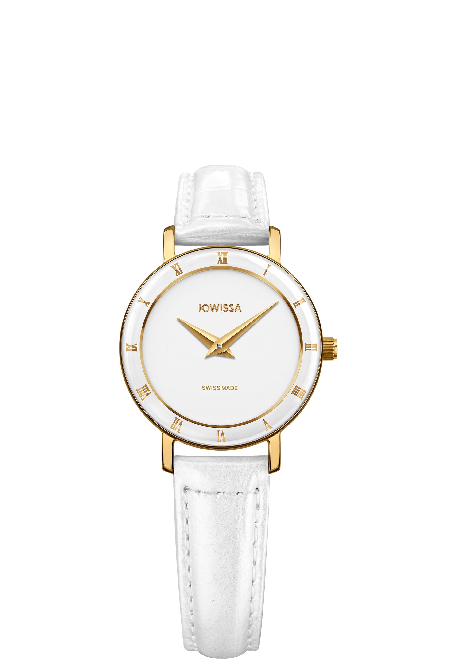 White roma watch for women - swiss watch with white leather strap and gold details in the front - all swiss made