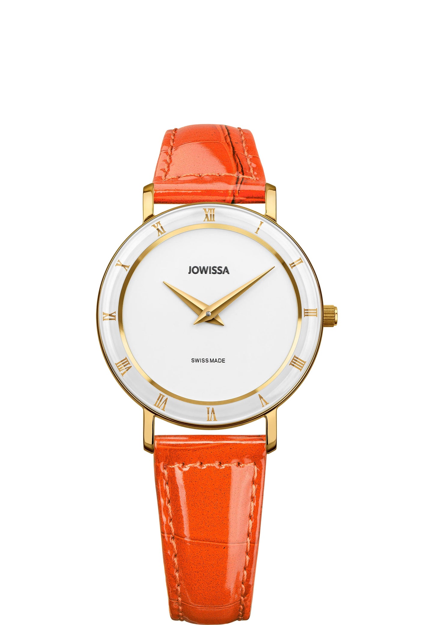 Orange swiss watch for women - has orange leather strap and white dial with gold details - all made in swiss