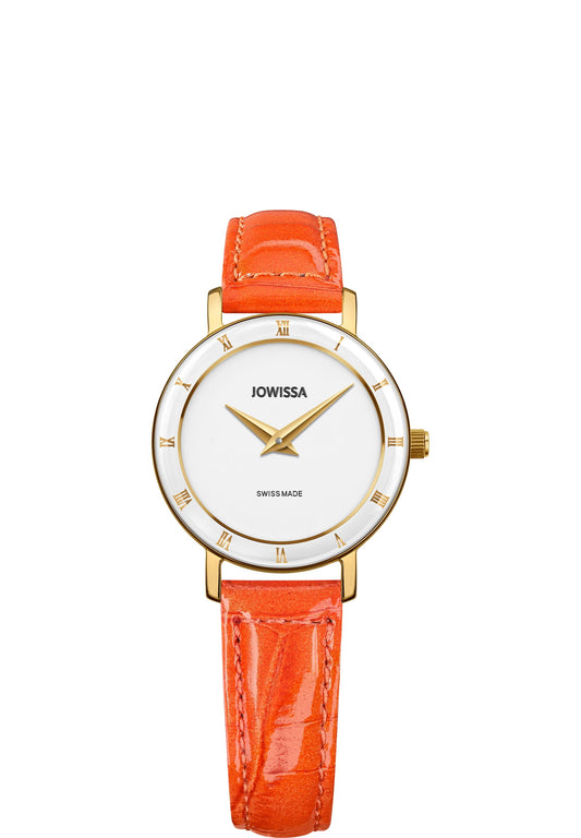 Orange watch for ladies made in swiss - swiss roma watch for women with orange leather strap and white dial