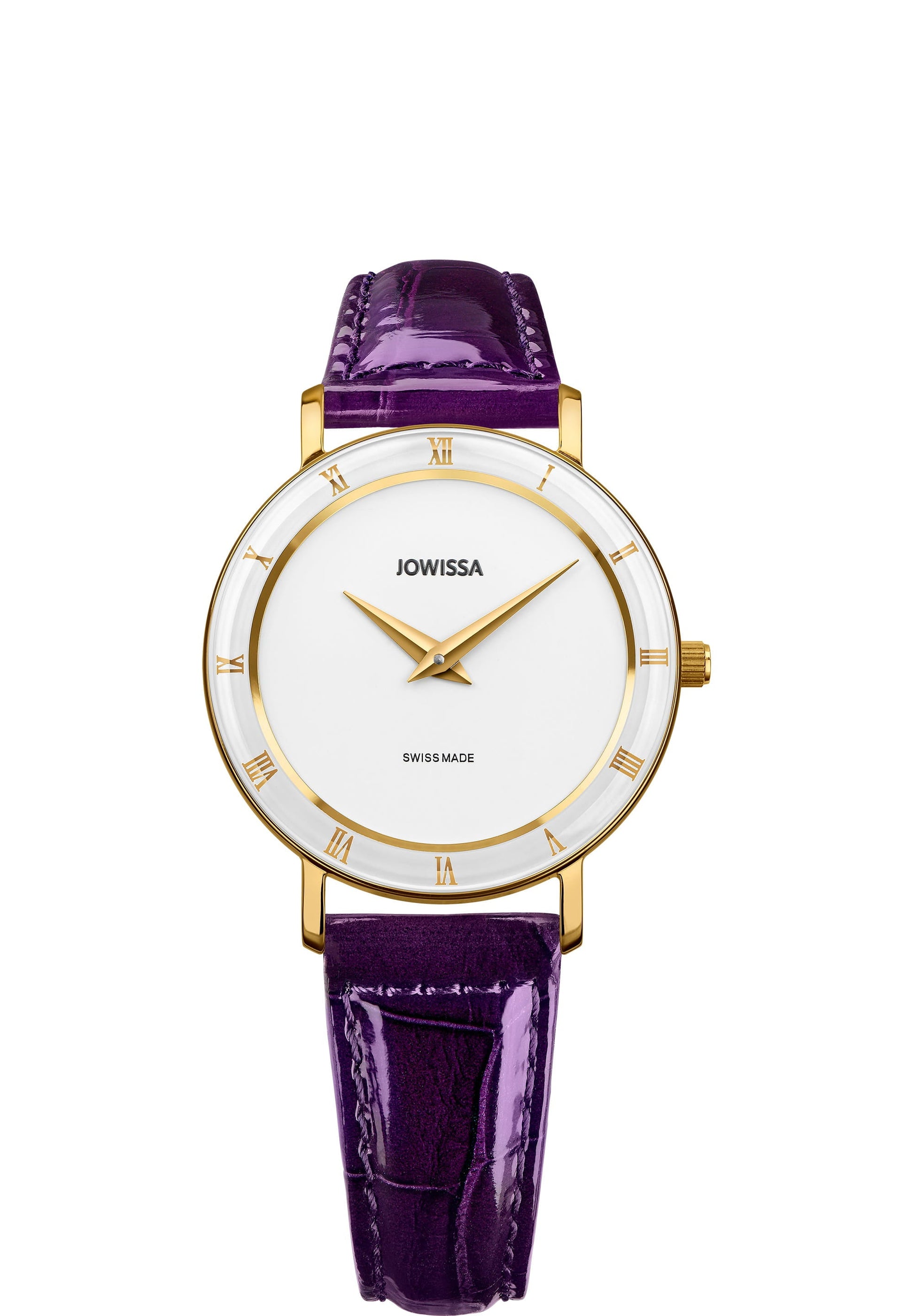 Purple swiss watch for ladies - watch made in switzerland for women with purple leather strap and white dial - with gold details