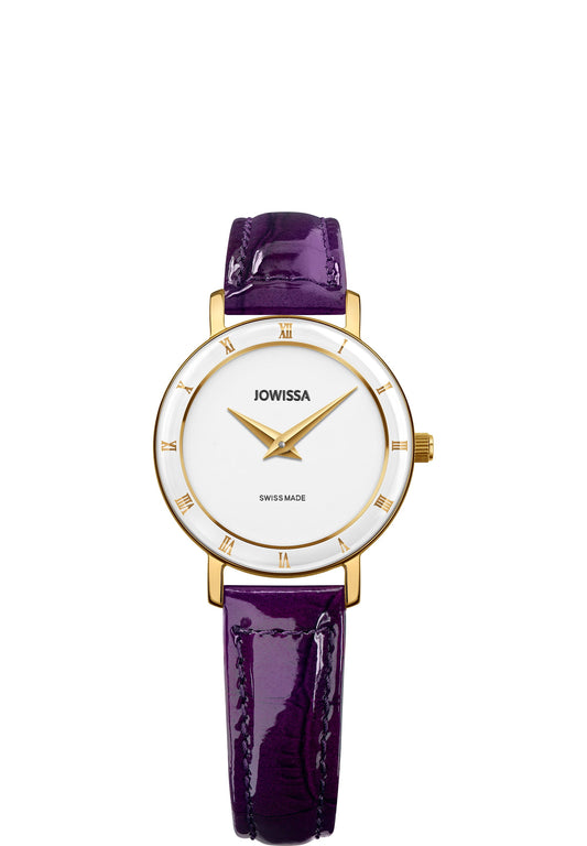 Purple Roma watch for ladies -  all swiss made  with purple leather strap and gold dial with white details in the front - watch for women