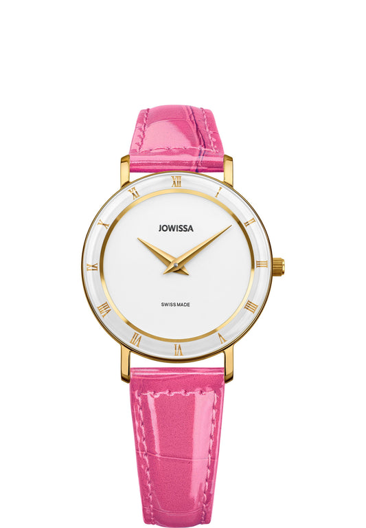 Pink watch for women - with pink leather strap and gold and white details in the front - all swiss made for watch for ladies