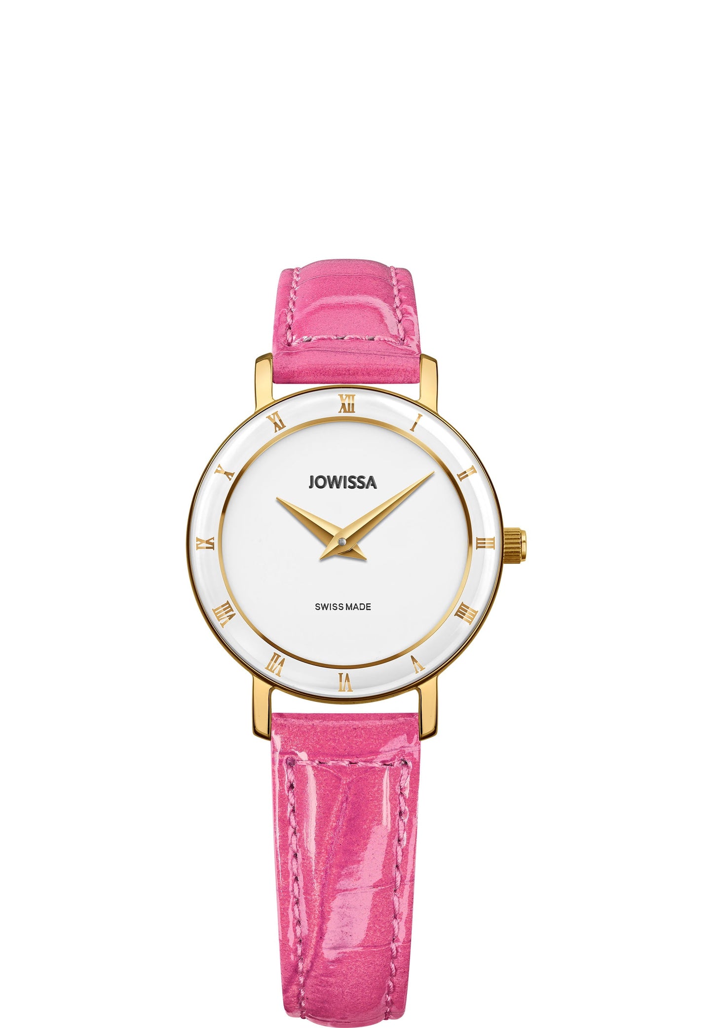 Pink Roma watch for ladies -  all swiss made  with pink leather strap and gold and white details in the front - watch for women