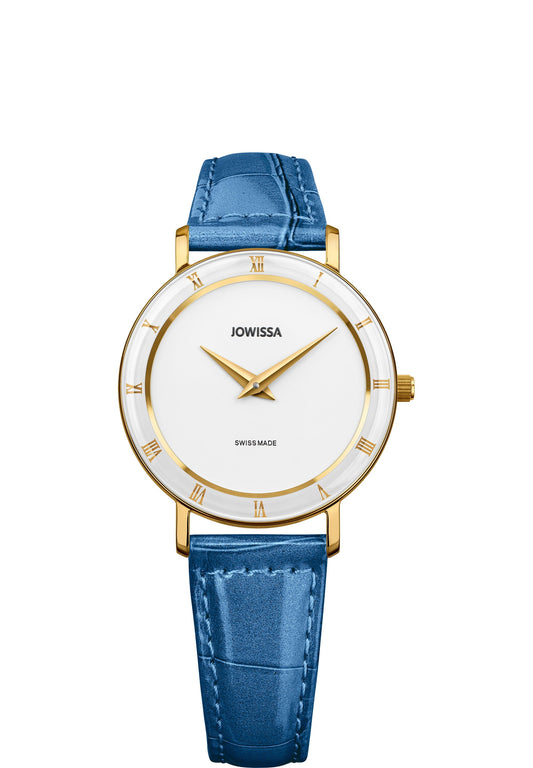 Blue watch for women -  all swiss made  with blue leather strap and gold and white details in the front - watch for women