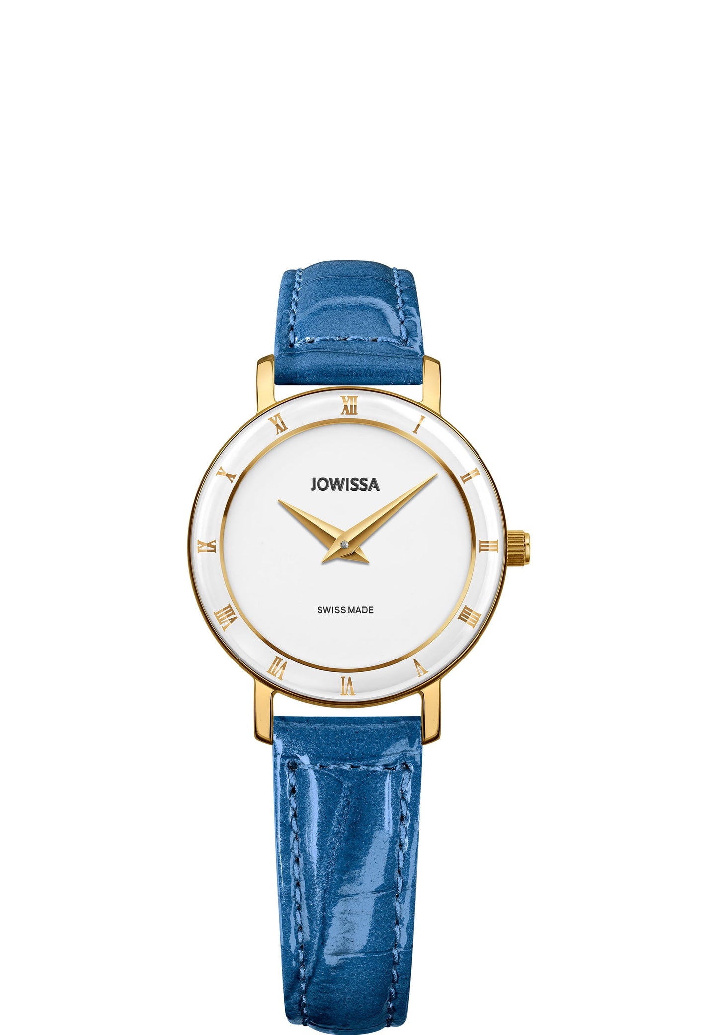 Blue watch for ladies - swiss watch with blue leather strap and gold and white details in the front - all swiss made watch for women