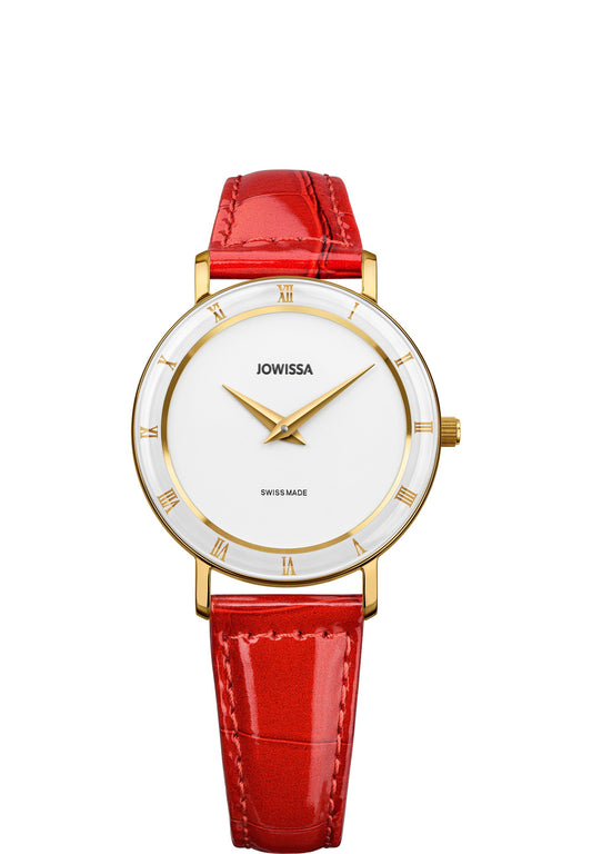 Red swiss watch for women - watch with red leather strap and white dial with gold details - made in switzerland