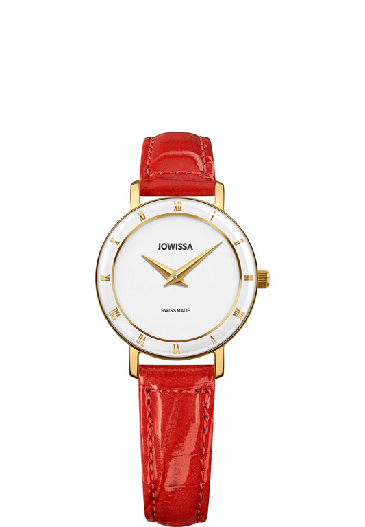 Red watch for ladies - swiss watch with red leather strap and gold and white details in the front - all swiss made watch for women