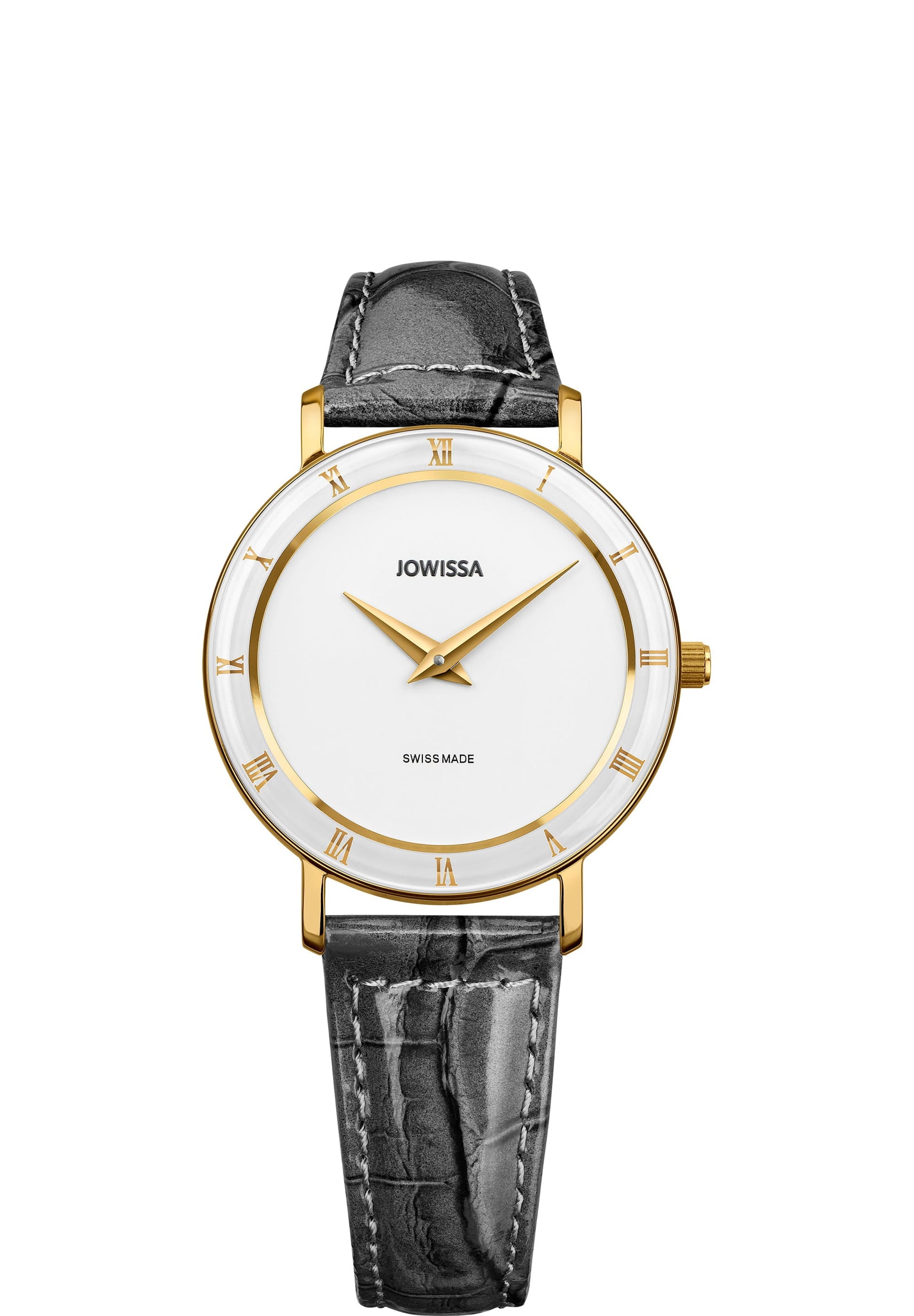 Roma swiss watch for women -the watch has grey leather strap and white and gold details on the front - hand assembled in switzerland