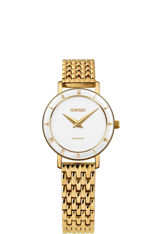 Roma gold watch for ladies - all swiss made - watch has a gold strap and white front dial - with swiss quartz movements