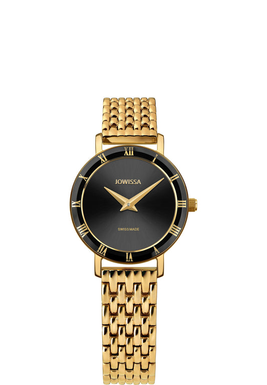 Gold watch with black dial made for women - gold watch for women with roman numbers - all swiss made watch