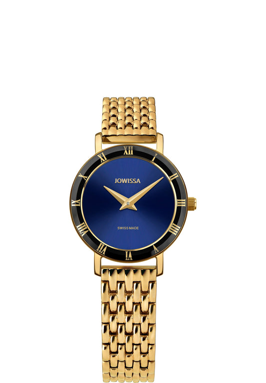 gold watch made in swiss for ladies - gold watch with blue and black details - watch made in switzerland for women