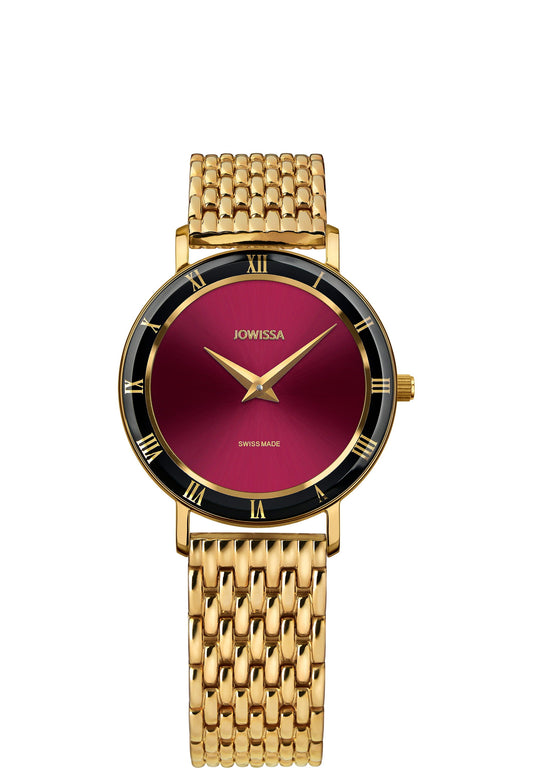 gold watch with red dial and black details- gold watch swiss made for ladies - watch for ladies made in swiss