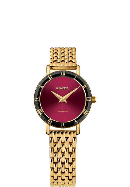 Gold watch with red and black details for women - swiss made watch for ladies - watch has roman numbers - made in switzerland