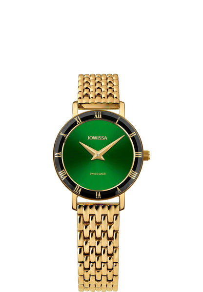 Gold swiss watch for women - gold watch with green dial and roman numbers - gold watch with green details - swiss made