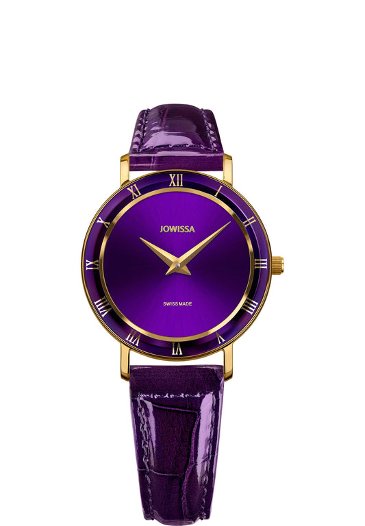 Purple watch made in switzerland - watch made for ladies - with gold roman numbers - front view of purple watch 