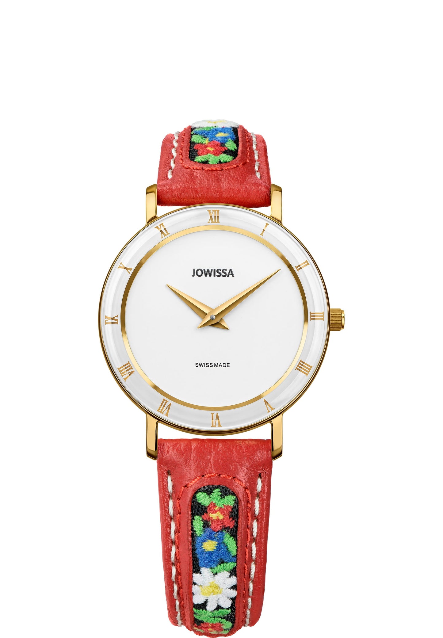 Red swiss watch for women - swiss watch with red strap and floral details - all swiss made - with white and gold details in the front